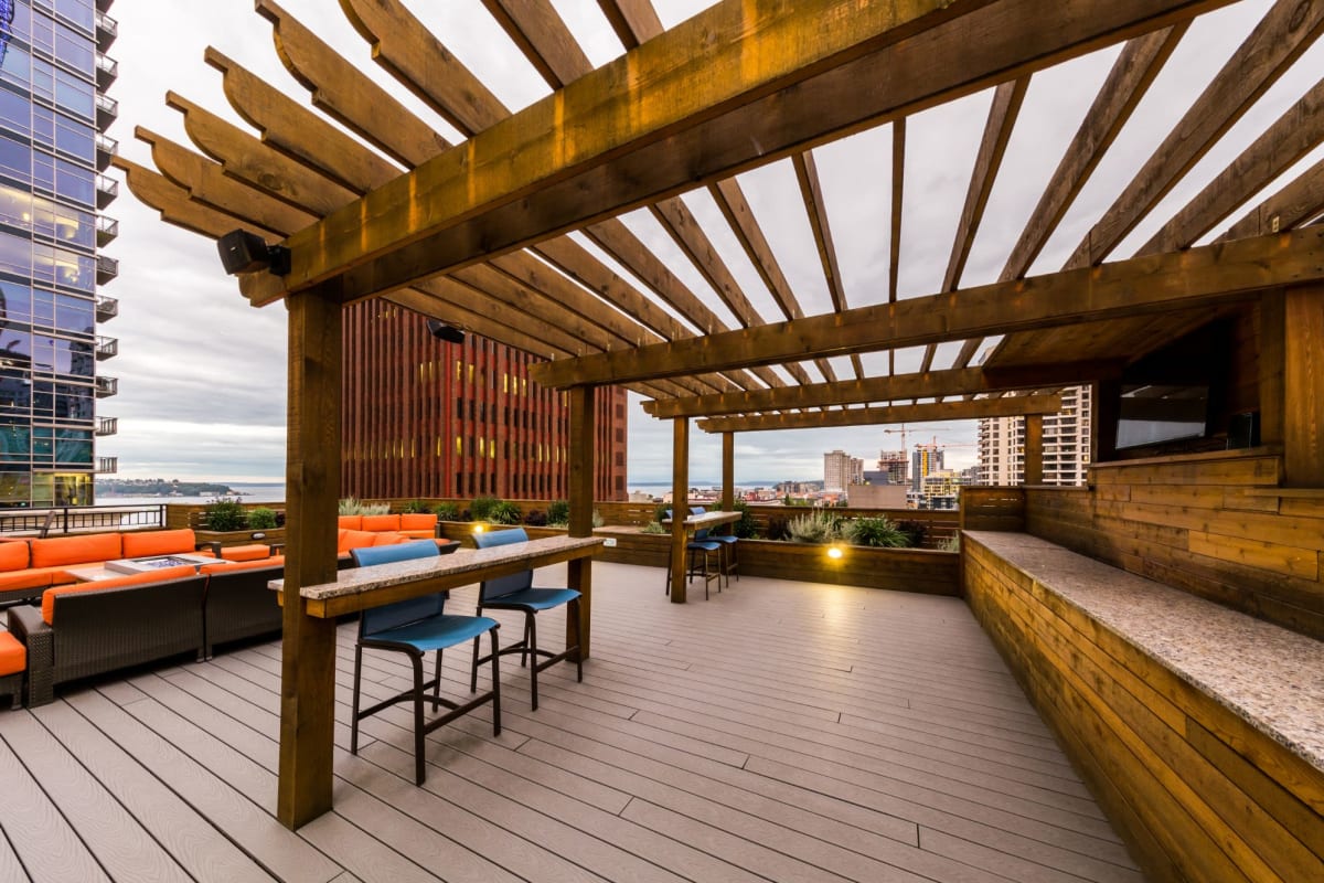 Outdoor rooftop bar area at Marq 211 in Seattle, Washington