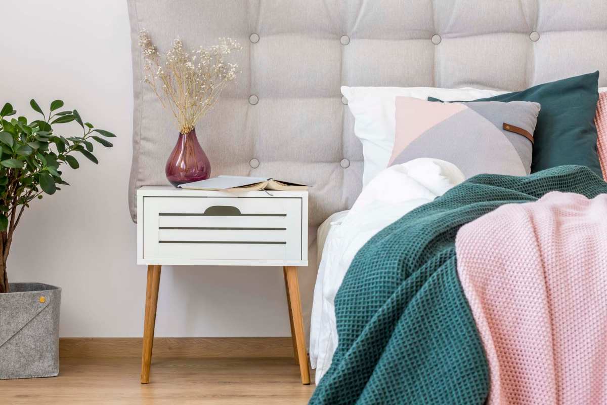 Bedroom with modern furniture at Fieldstone in Olathe, Kansas