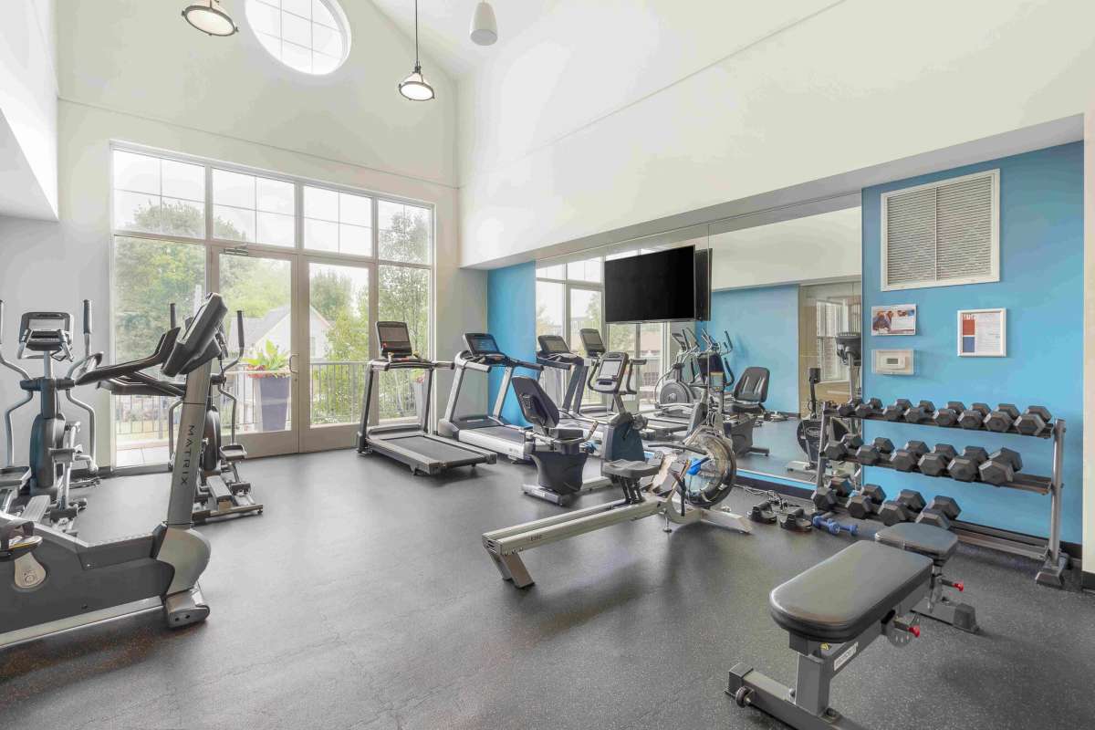 Club-quality fitness center at Courthouse Square Apartments in Wheaton, Illinois
