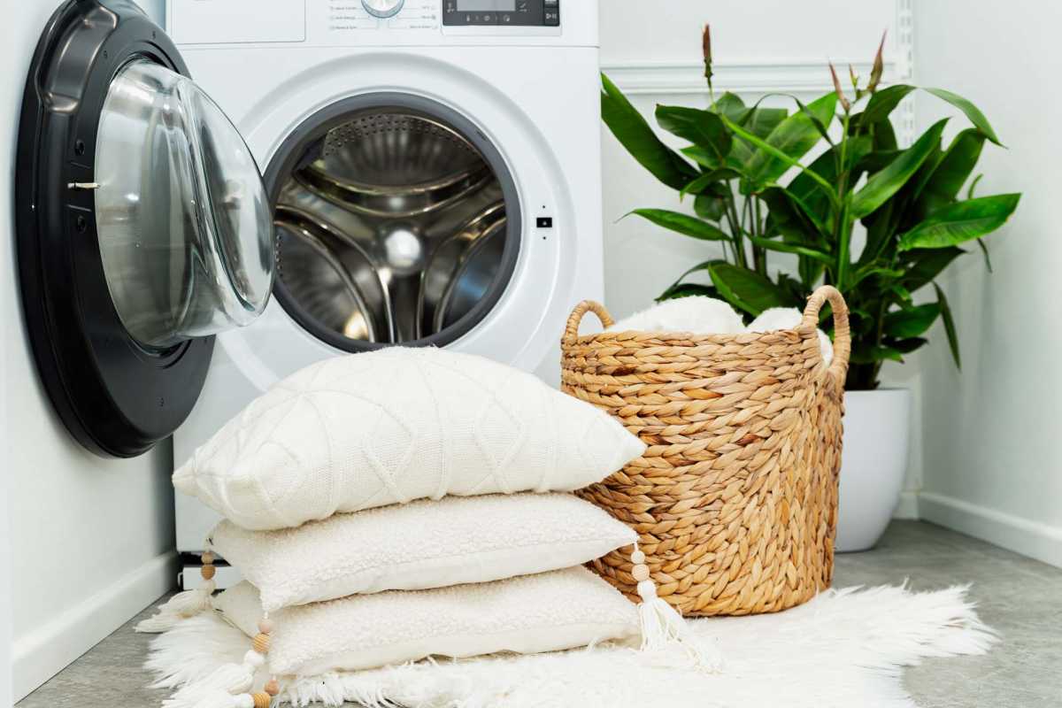 Modern laundry room with a front-loading washer, decorative pillows, and a potted plant at Harvest Hill in Broomfield, Colorado