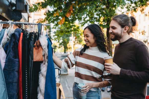 Couple buying clothes on the street near  Prosper 83 in Sparks, Nevada