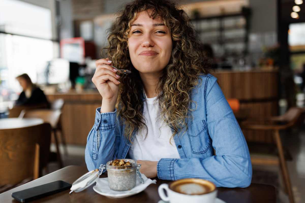  Residents having coffee at a cafe near Riverside Park in Early, Texas