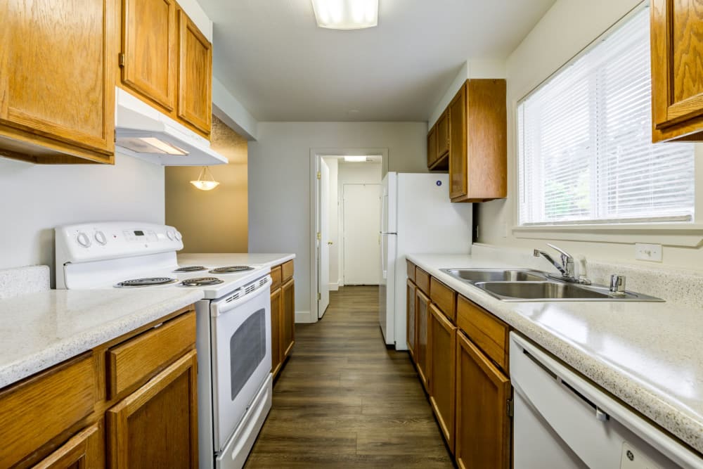 A kitchen with appliances in a home at Madigan in Joint Base Lewis McChord, Washington