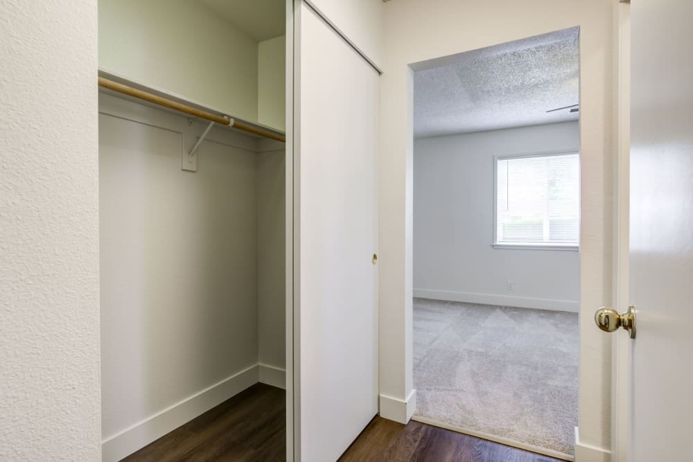 A bedroom and closet in a home at Madigan in Joint Base Lewis McChord, Washington
