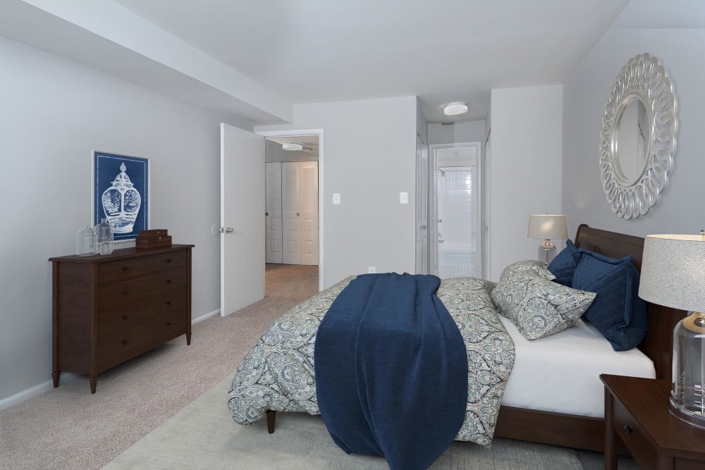 Model bedroom at Landmark Glenmont Station in Silver Spring, Maryland