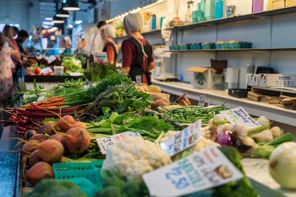 Residents shopping for produce at the farmer's market near 2001 Clarendon BLVD in Arlington, Virginia