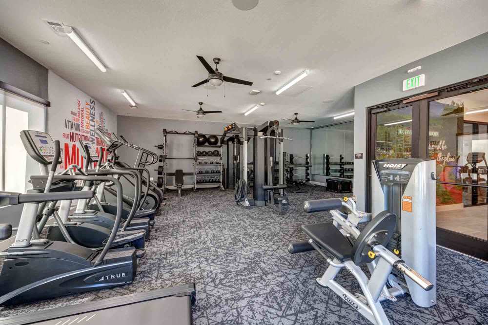  Exercise equipment sits in a fitness room at The Abbey at Veramendi in New Braunfels, Texas