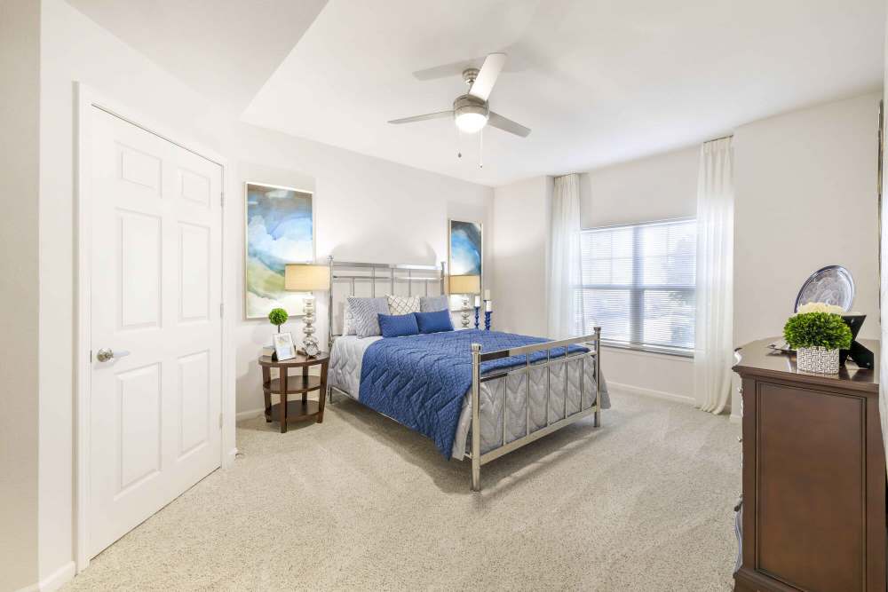 Spacious bedroom with a comfortable bed and a large window at Eastland Trails in Independence, Missouri