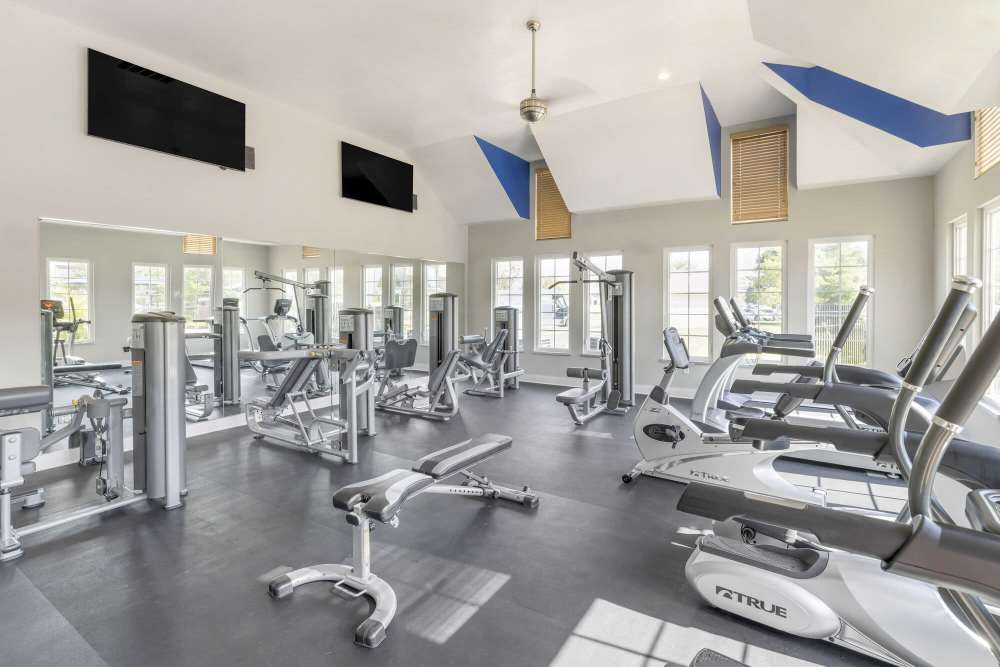 Well-equipped fitness center at Eastland Trails in Independence, Missouri