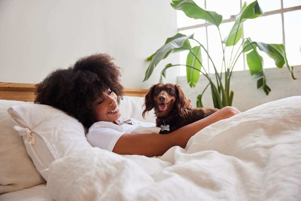 Resident with a dog in a bedroom at Seaglass Cottage in North Myrtle Beach, South Carolina