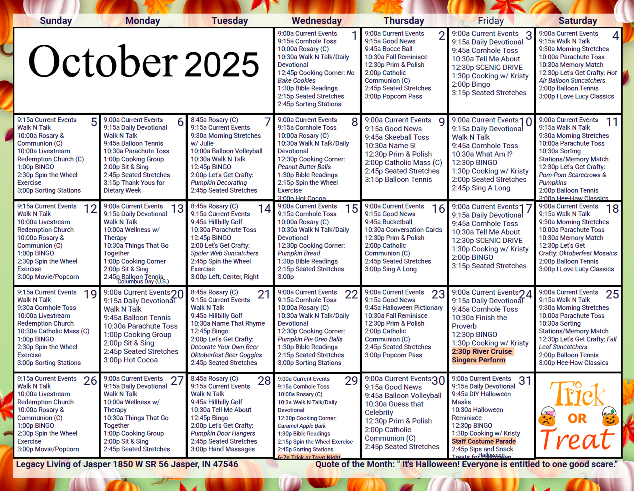 October Calendar at Legacy Living Jasper in Jasper, Indiana