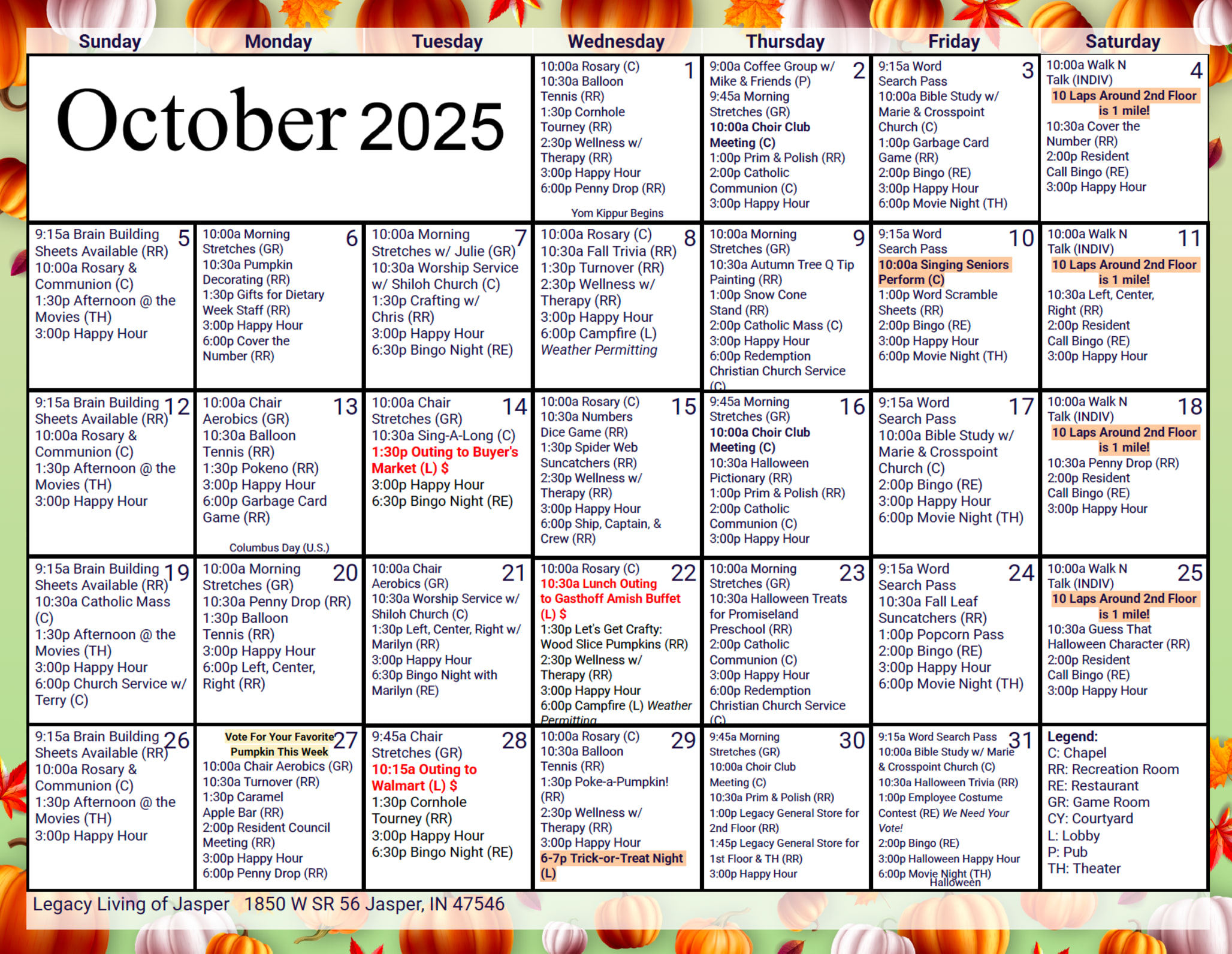 October Calendar at Legacy Living Jasper in Jasper, Indiana