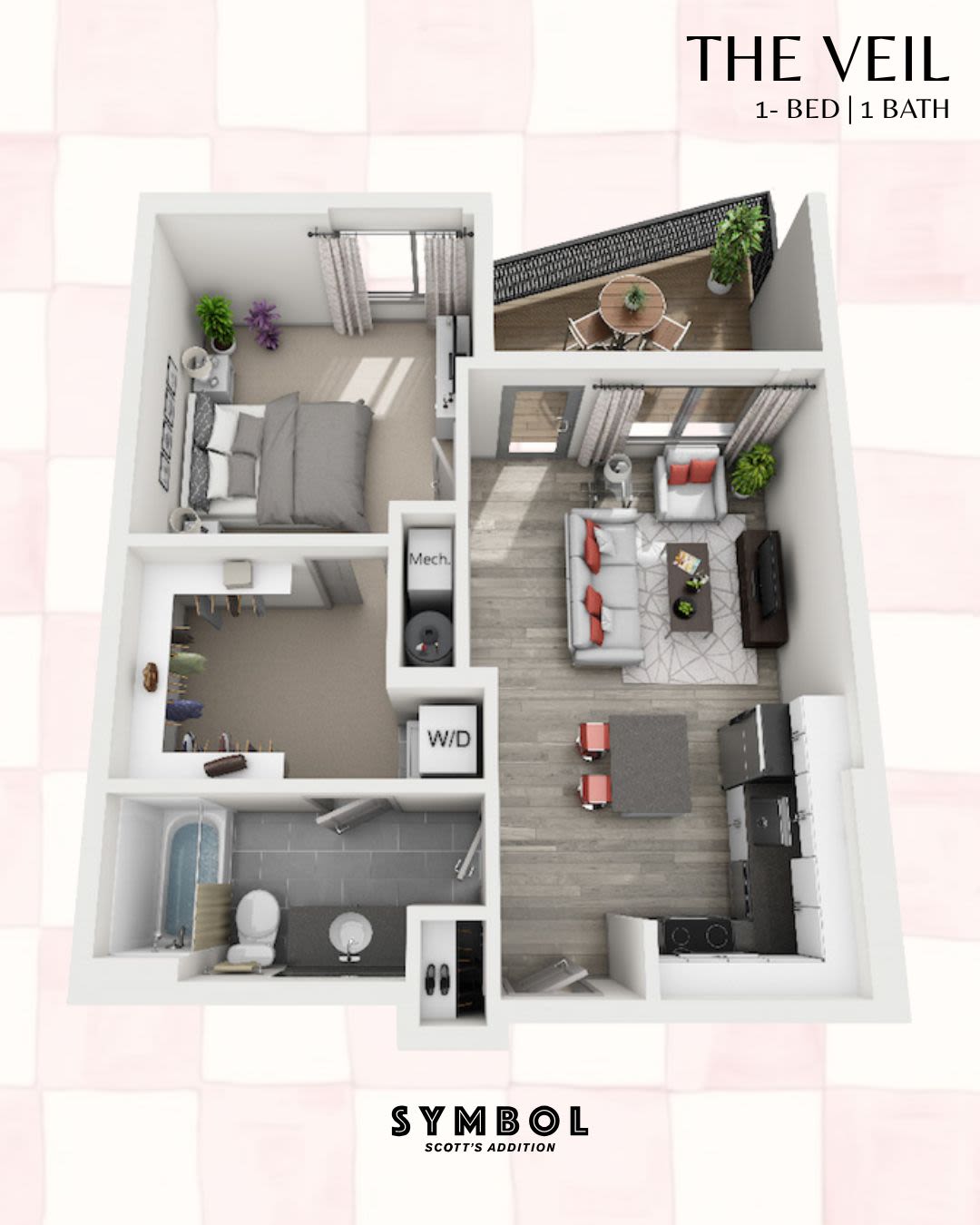 The Signature floor plan; a 1 bedroom, 1.5 bath, 784 square foot apartment at SYMBOL Scott's Addition in Richmond, Virginia 