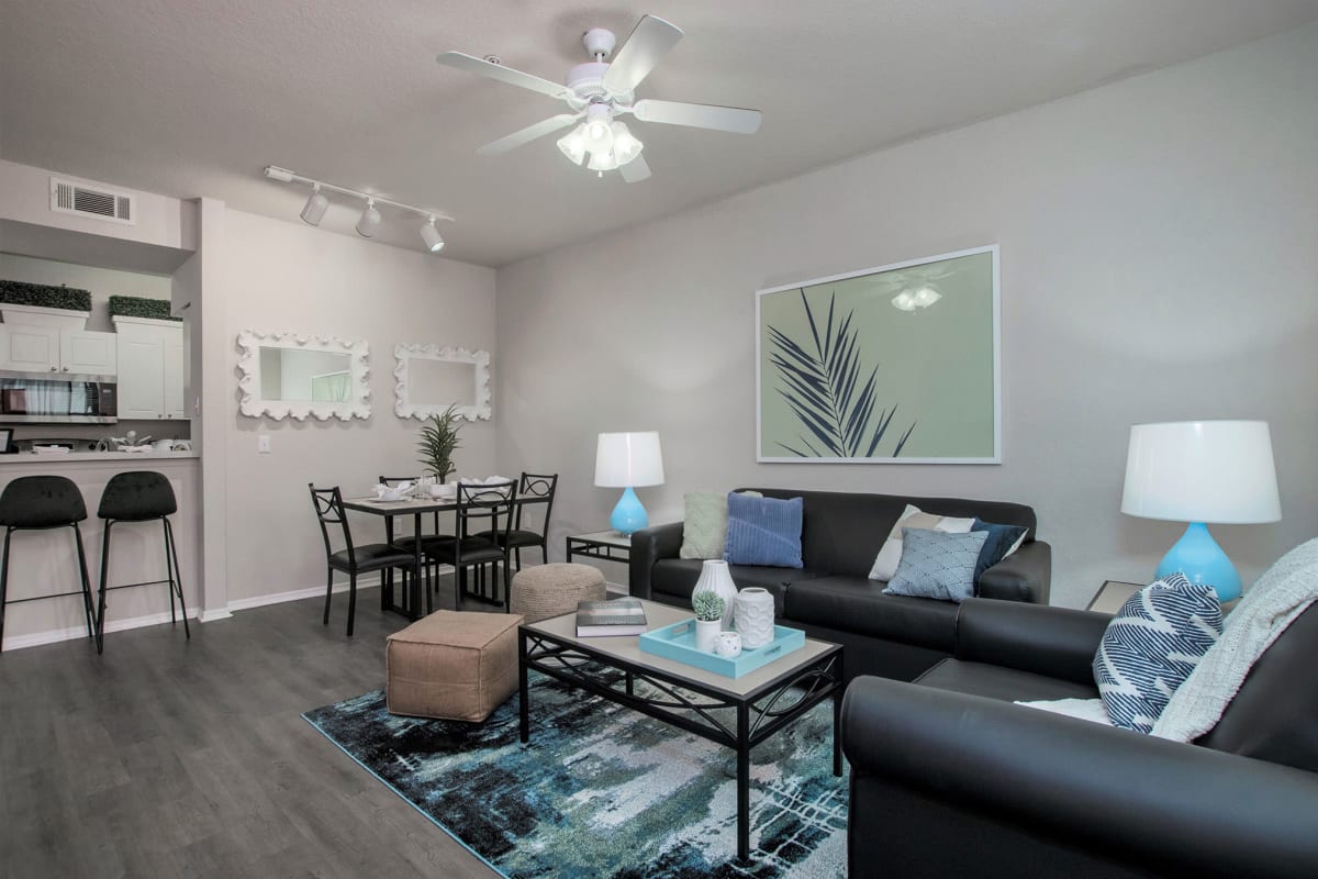 Spacious living room in a model student home at The Ivy in Tampa, Florida