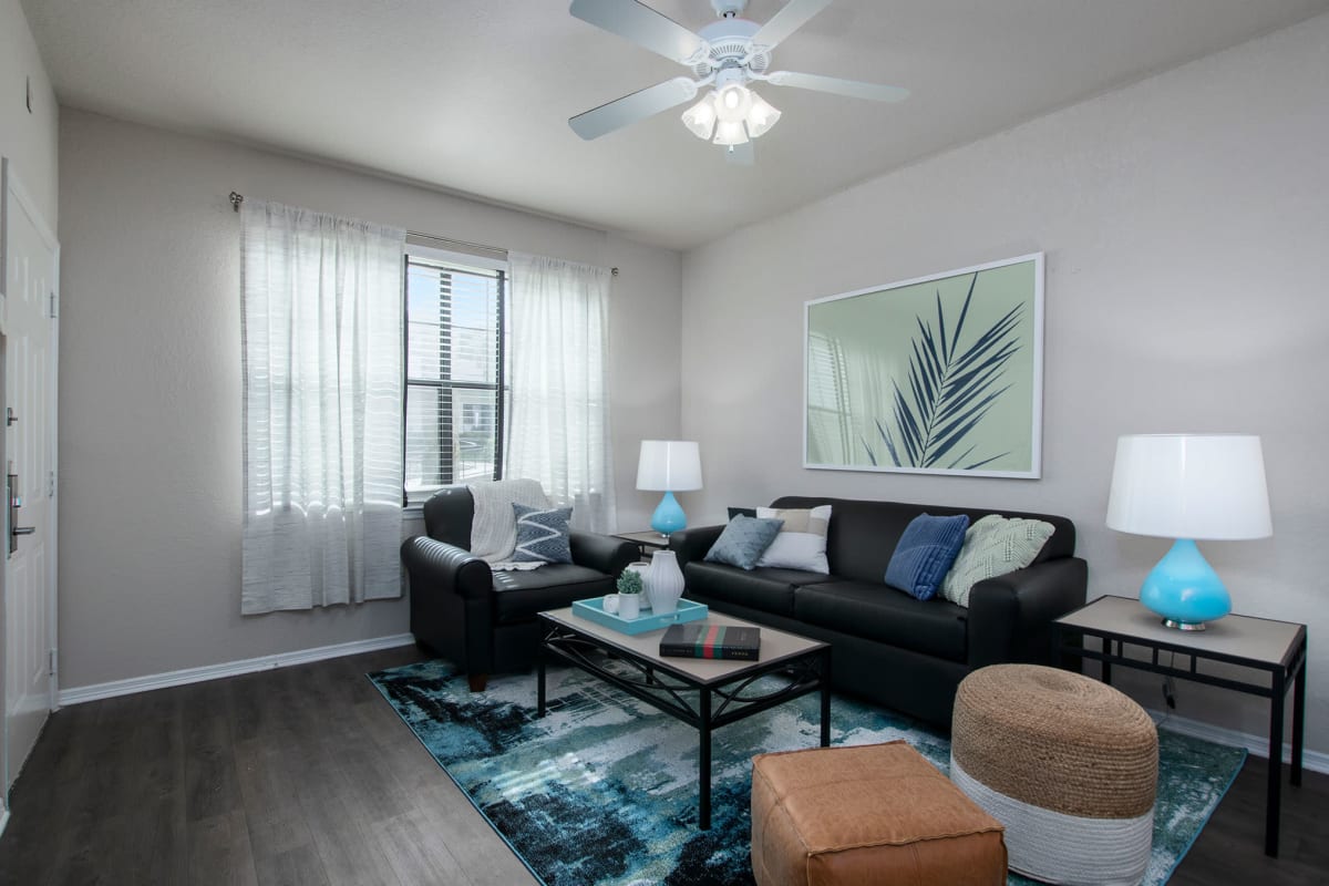Well-furnished living area in a model student apartment at The Ivy in Tampa, Florida
