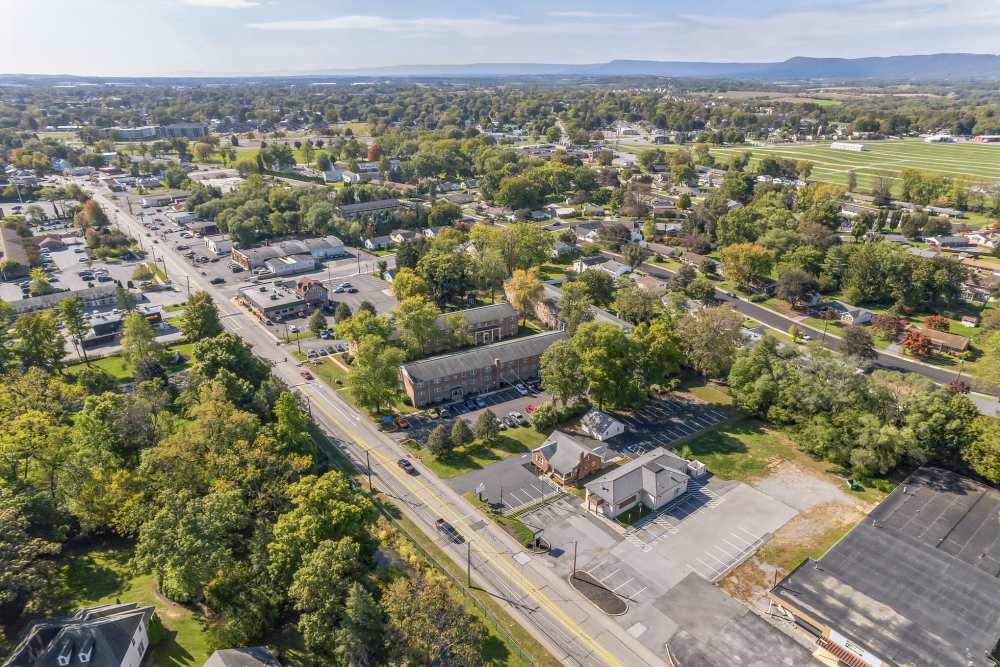 Drone view of the neighborhood at Ridgeview Apartment Homes in Reading, Pennsylvania