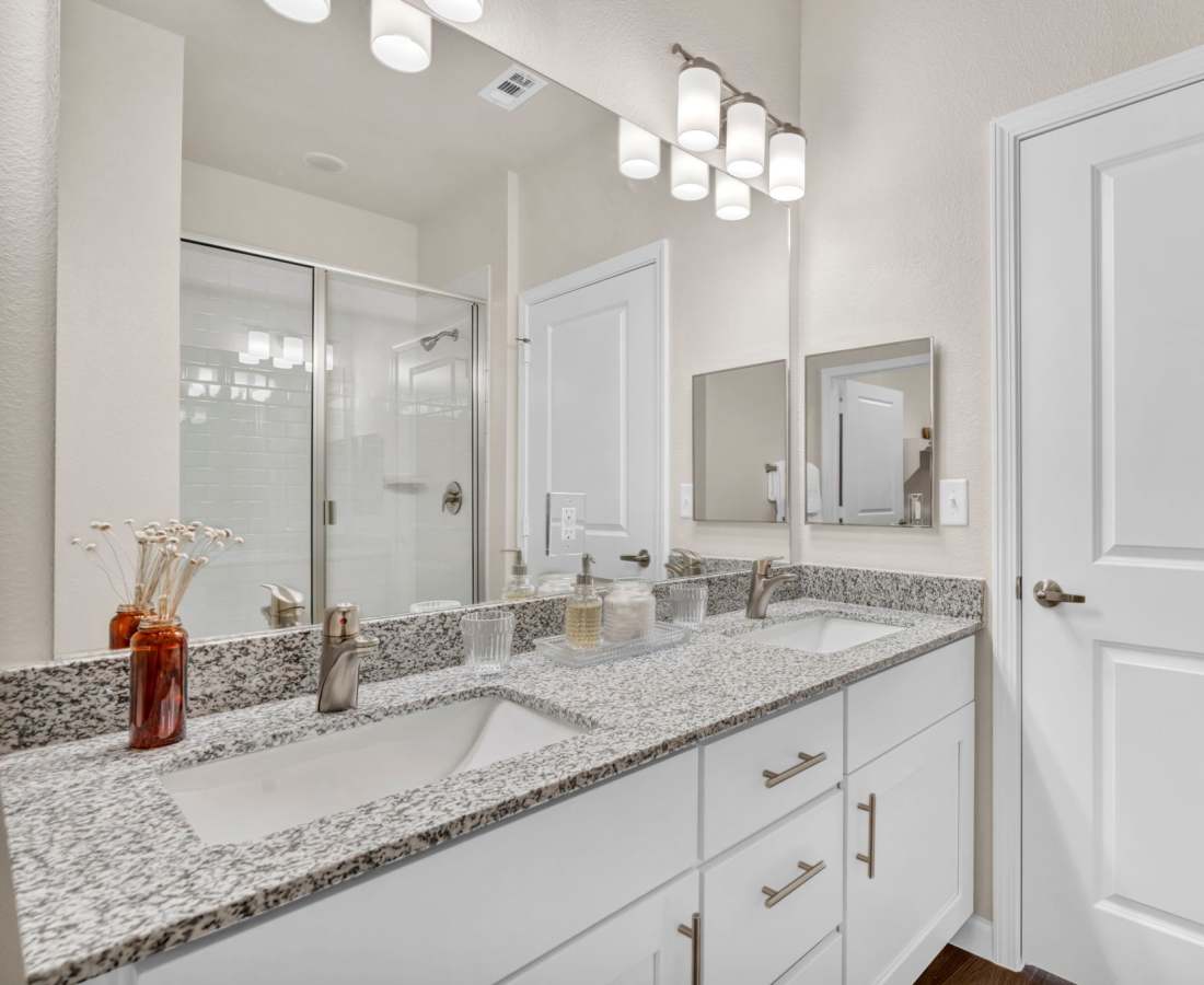 Skylight and tiled walls in a model home's modern bathroom at Mariposa Communications Parkway in Plano, Texas