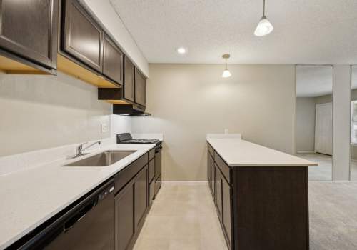 Kitchen with dark cabinetry at Shadow Brook Apartments in Arlington, Texas