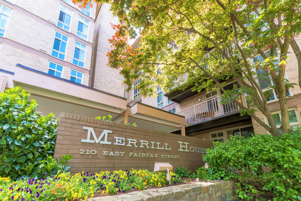 Front signage at Merrill House Apartments in Falls Church, Virginia
