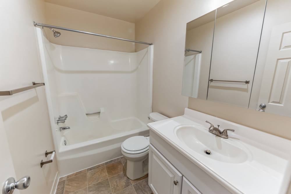 Bright bathroom with shower, tub and storage space at Blair Mill Village East Apartment Homes, Horsham, Pennsylvania