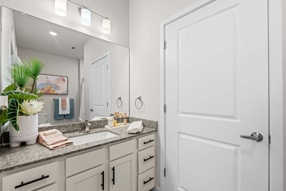Fully furnished apartment bathroom at Mexico Beach Crossings in Mexico Beach, Florida