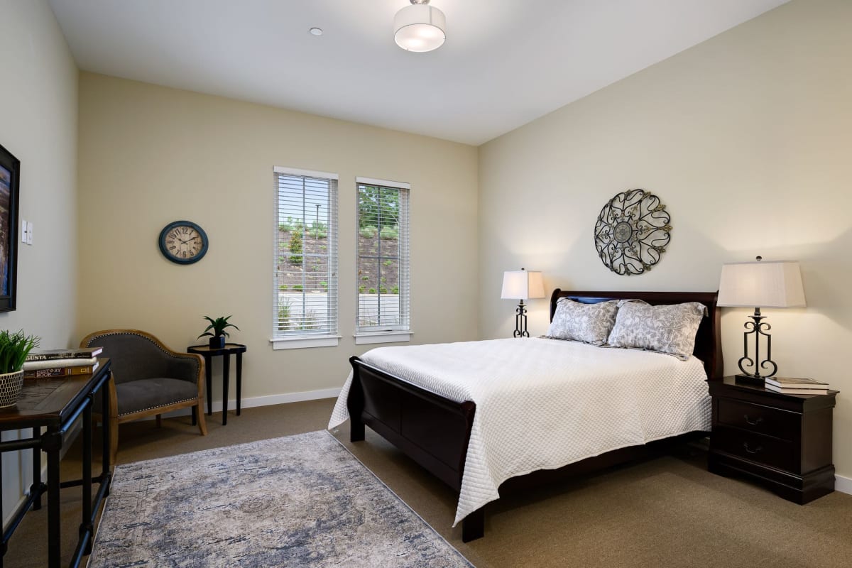 A spacious resident bedroom at The Claiborne at Gulfport Highlands in Gulfport, Mississippi. 