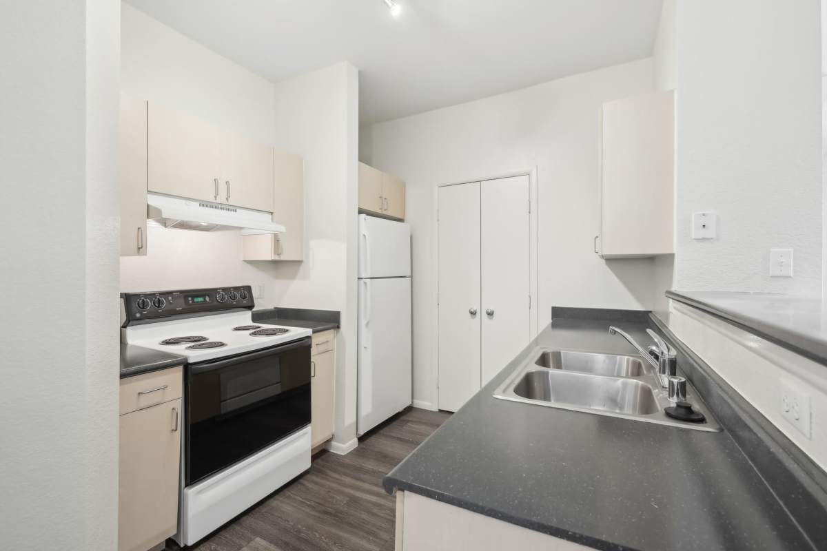 kitchen with white appliances and hardwood-style flooring