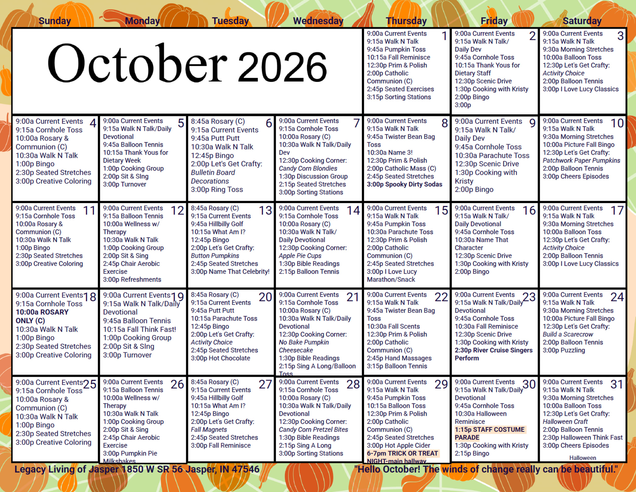October Calendar at Legacy Living Jasper in Jasper, Indiana