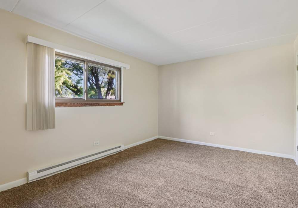 Unfurnished bedroom with carpet flooring and walking closet at Regents Park Apartments in Bensenville, Illinois