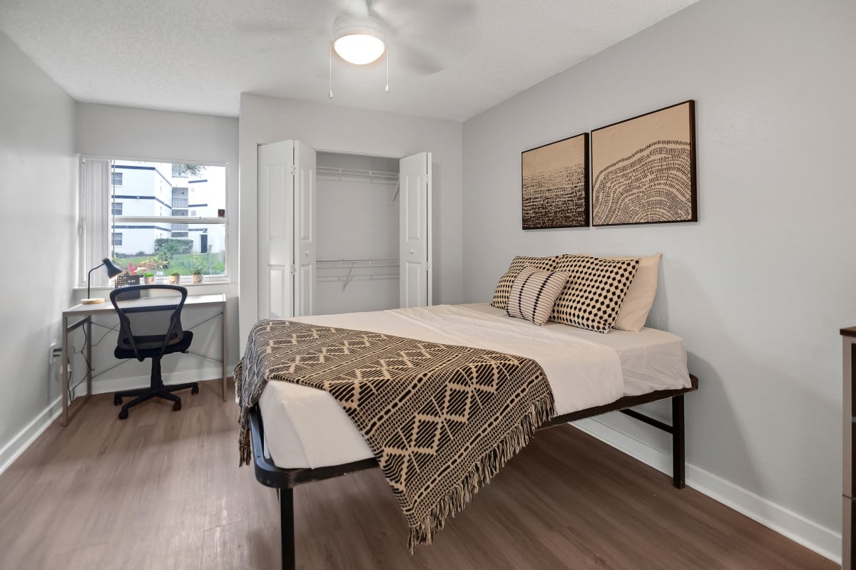 Bedroom with wooden flooring at On50 in Tampa, Florida