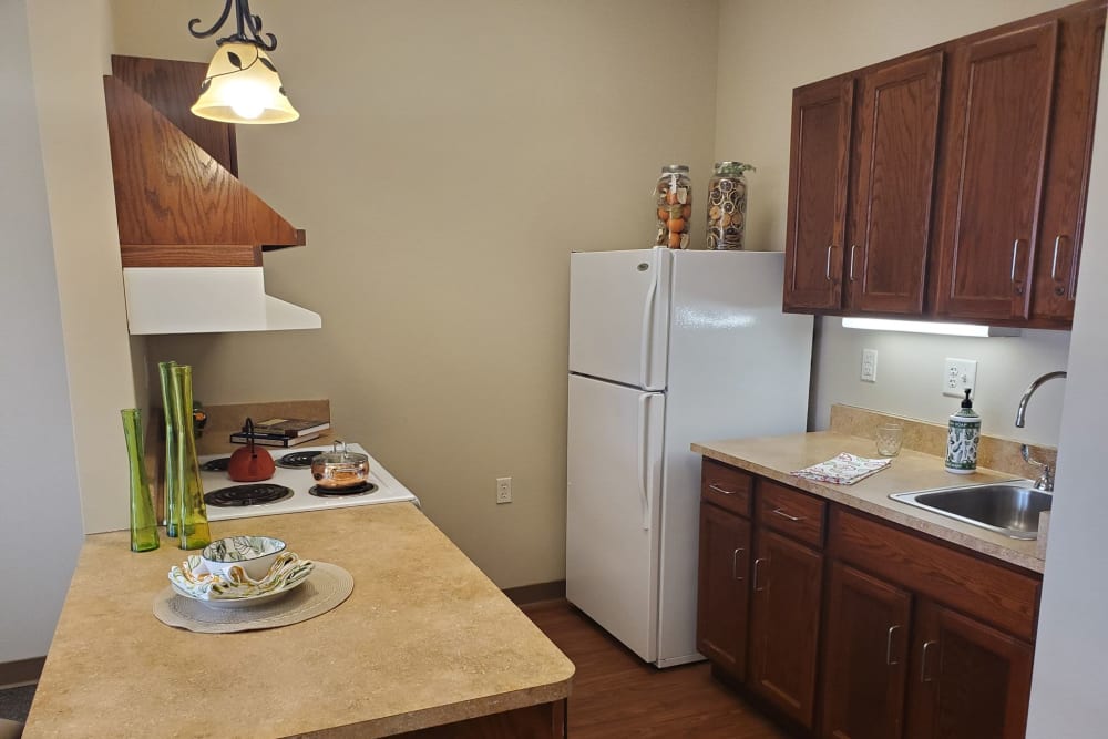 Full kitchens available in apartments at Milestone Senior Living Eau Claire in Eau Claire, Wisconsin.