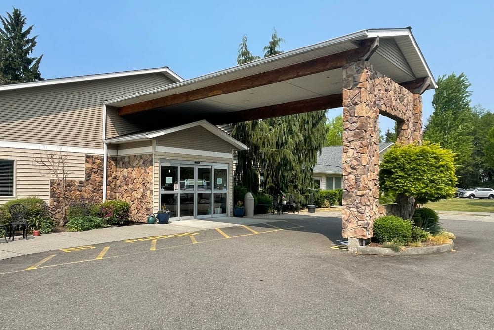 View of the entrance from roughly 200 feet away at Regency Care Center at Monroe in Monroe, Washington