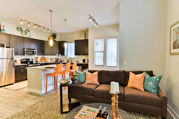 Well-decorated open-concept floor plan in model home at The Hyve in Tempe, Arizona