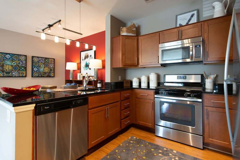 Kitchen with steel appliances at The Elms at Signal Hill Station in Manassas, Virginia