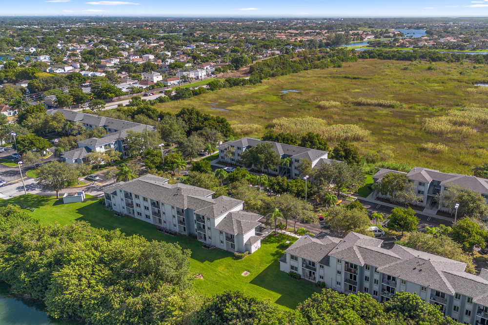 Aerial view of the community at Sunset Bay Apartments in Cutler Bay, Florida