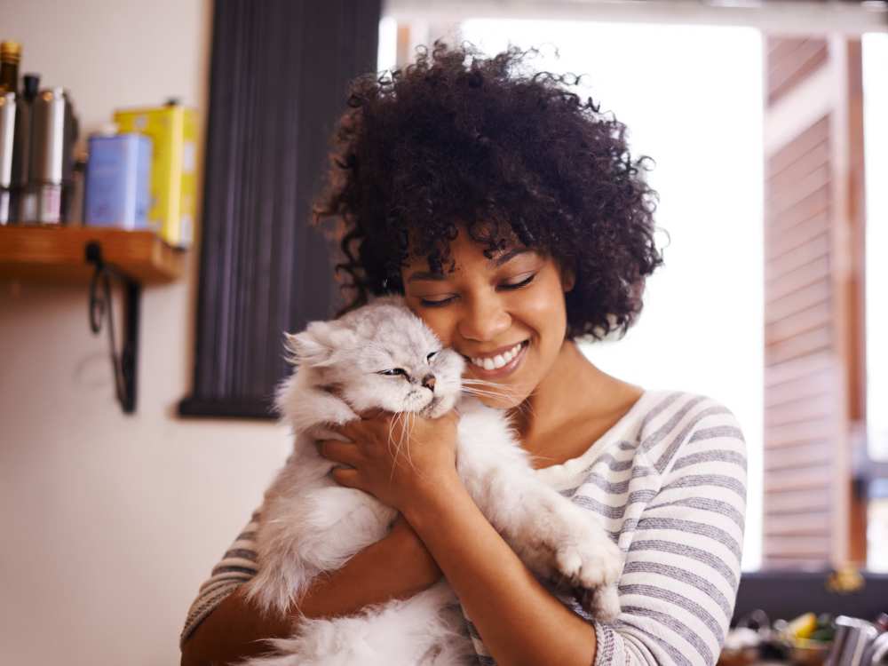 Woman holding fluffy cat in cozy kitchen at 81 West Apartments in Fort Myers, Florida 
