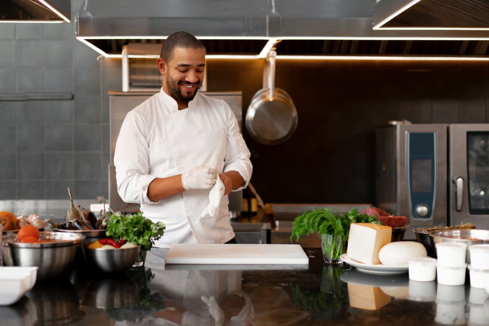 A chef preparing ingredients in a kitchen at a Jaybird Senior Living community