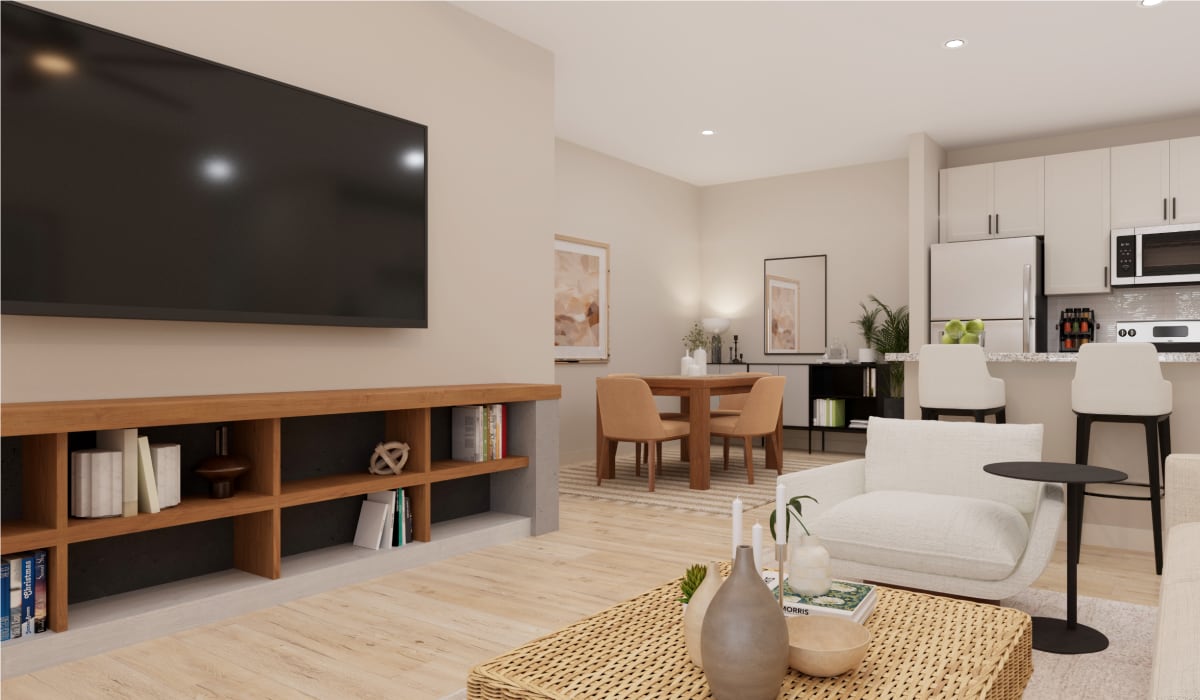 Blanco floor plan living room and kitchen with white cabinets at Remington Lake Apartments in Hamilton, Ohio