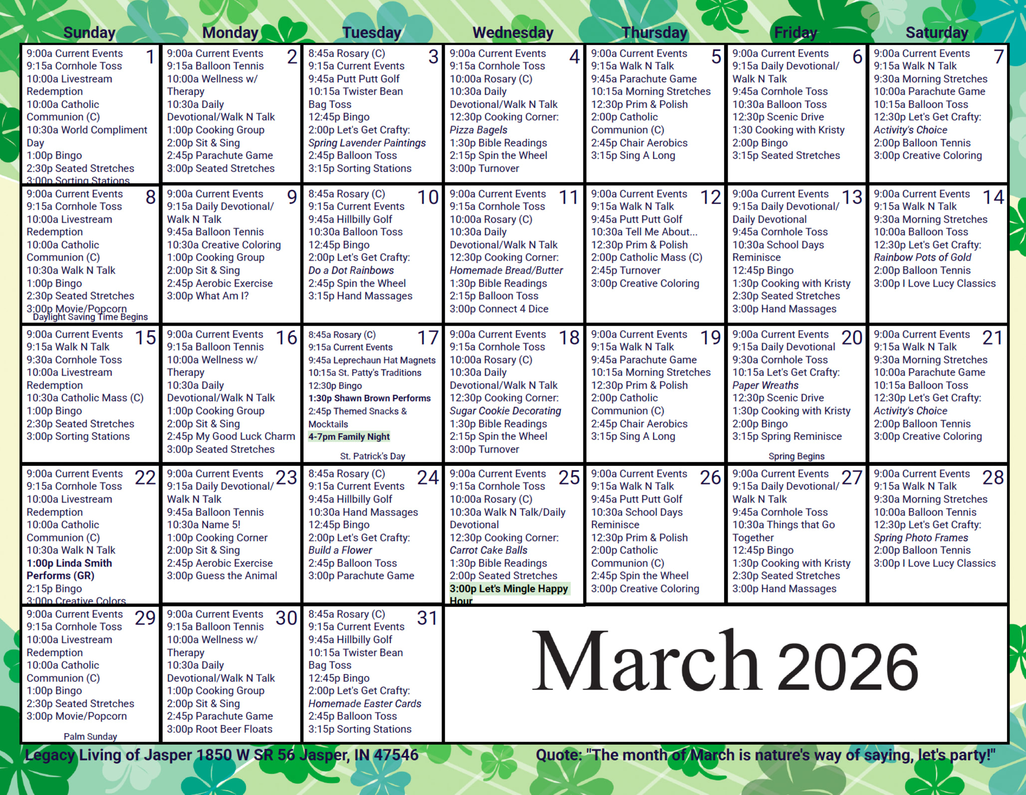 March Calendar at Legacy Living Jasper in Jasper, Indiana