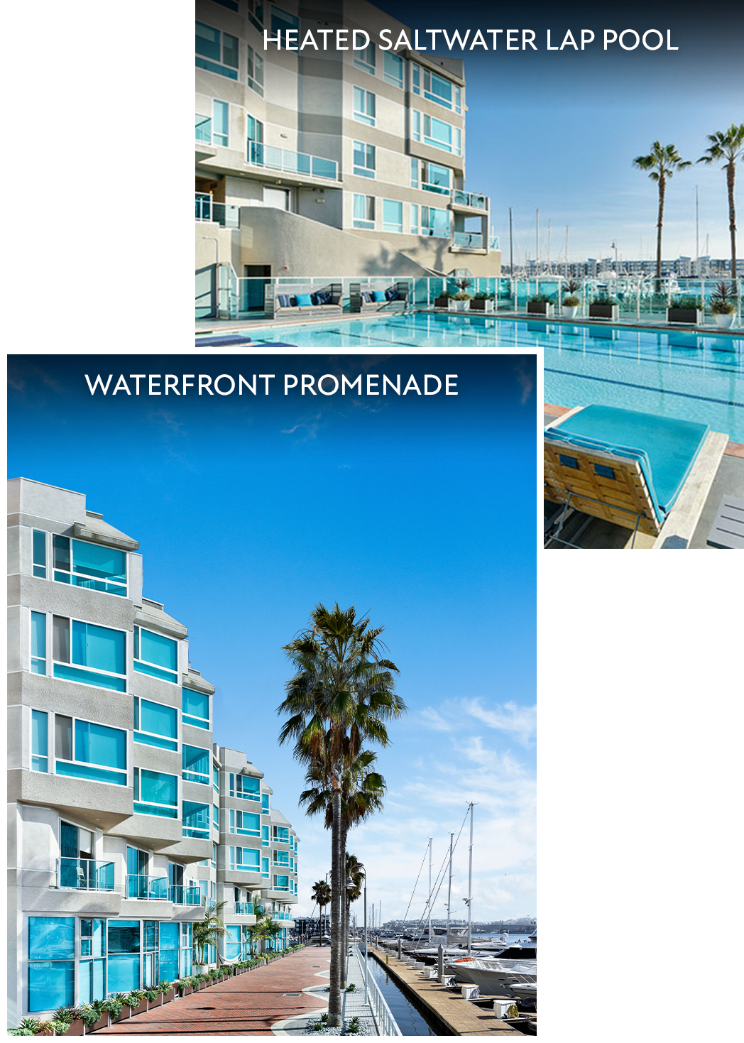 Collage with waterfront promenade and swimming pool views at Esprit Marina del Rey in Marina del Rey, California