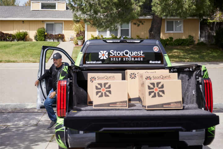 Storage user with storage boxes in pickup truck