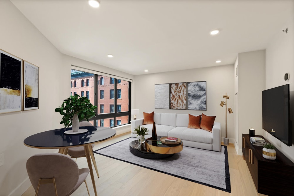 Furnished model living room at 28 Exeter at Newbury in Boston, Massachusetts