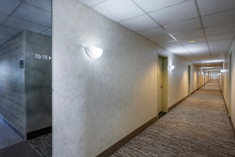 Interior hallway at Ruxton Towers Apartments in Towson, Maryland