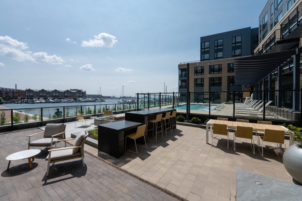 Waterfront outdoor lounge at Elms Fells Point in Baltimore, Maryland