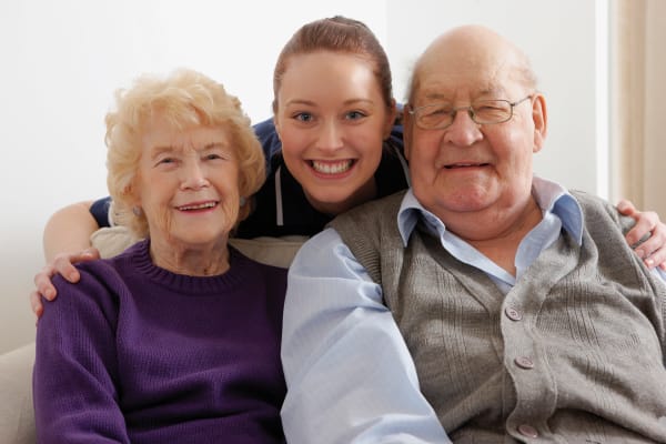 Two residents and a caretaker at Heritage Senior Living in Blue Bell, Pennsylvania