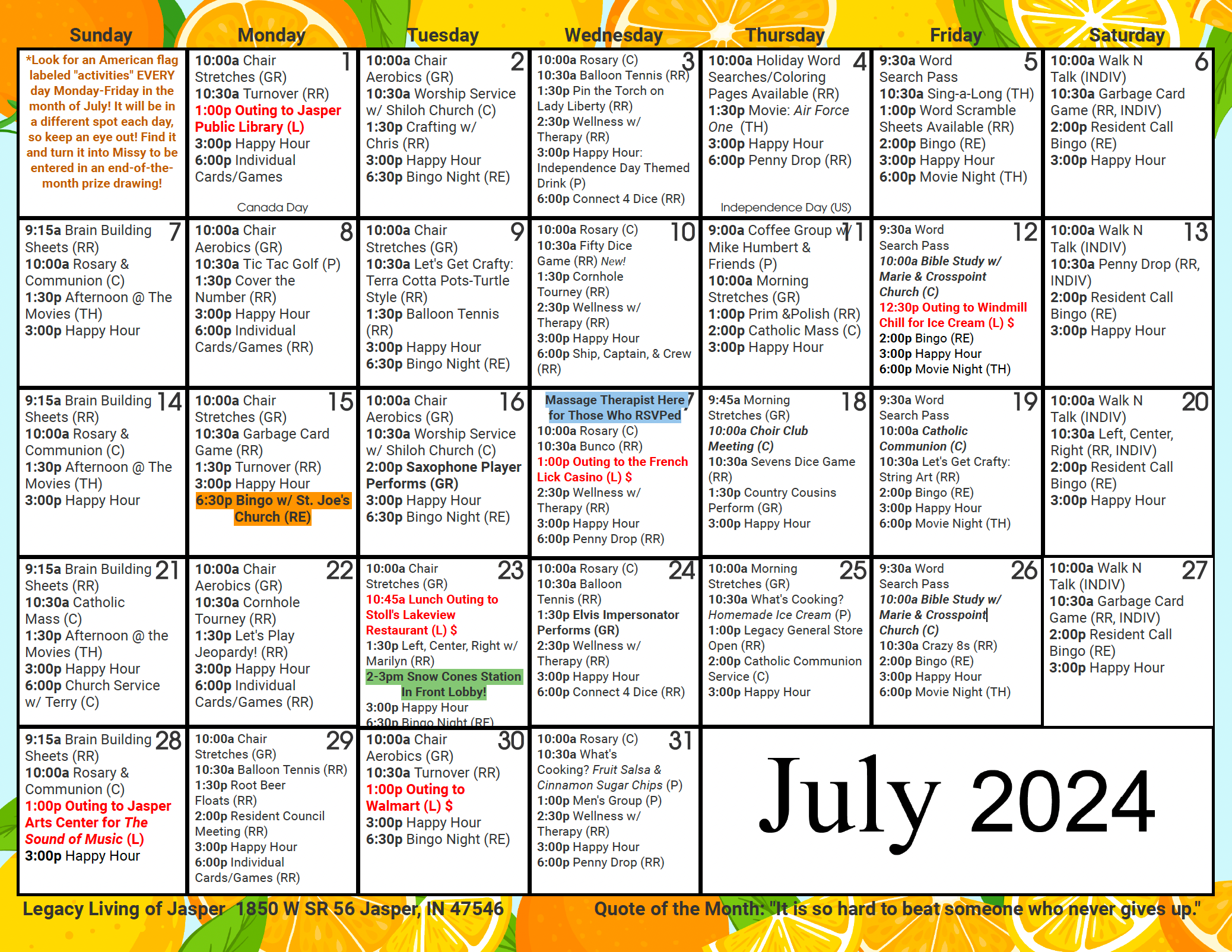 July Calendar at Legacy Living Jasper in Jasper, Indiana