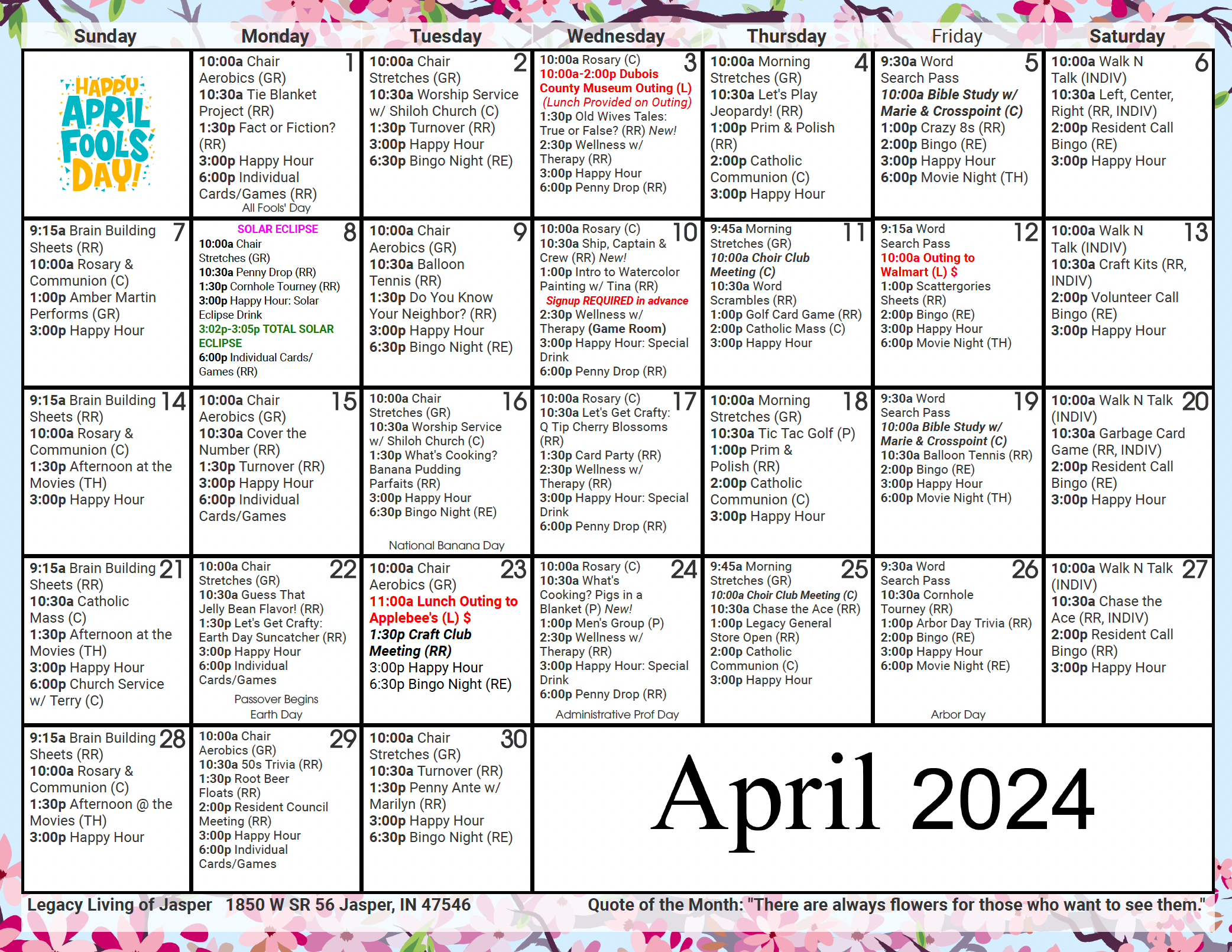 April Calendar at Legacy Living Jasper in Jasper, Indiana