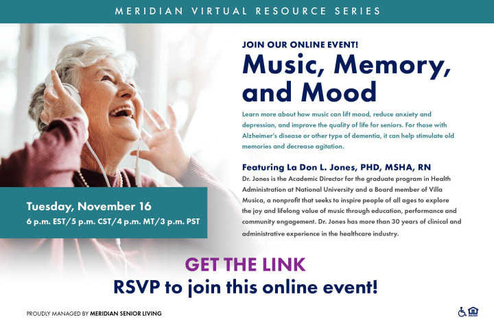 Image of a flyer that talks about the virtual resource series music, memory and mood. If you are having troubles viewing please give us a call and we can discuss.