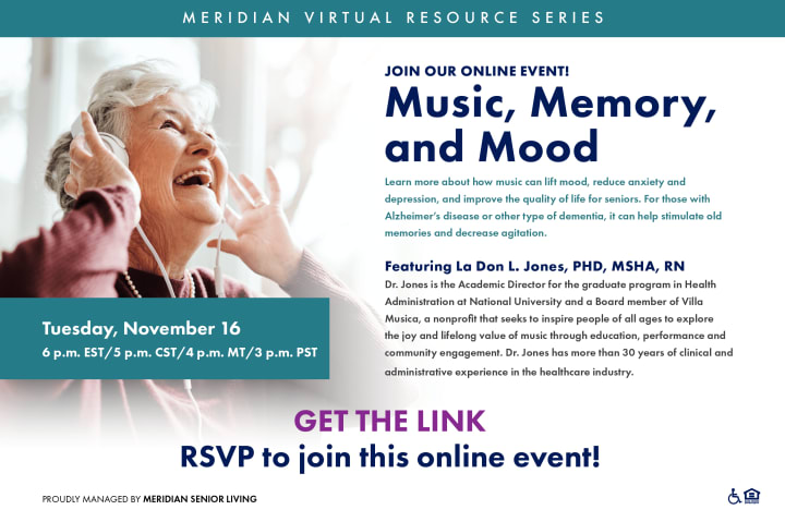 Image of a flyer that talks about the virtual resource series music, memory and mood. If you are having troubles viewing please give us a call and we can discuss. 