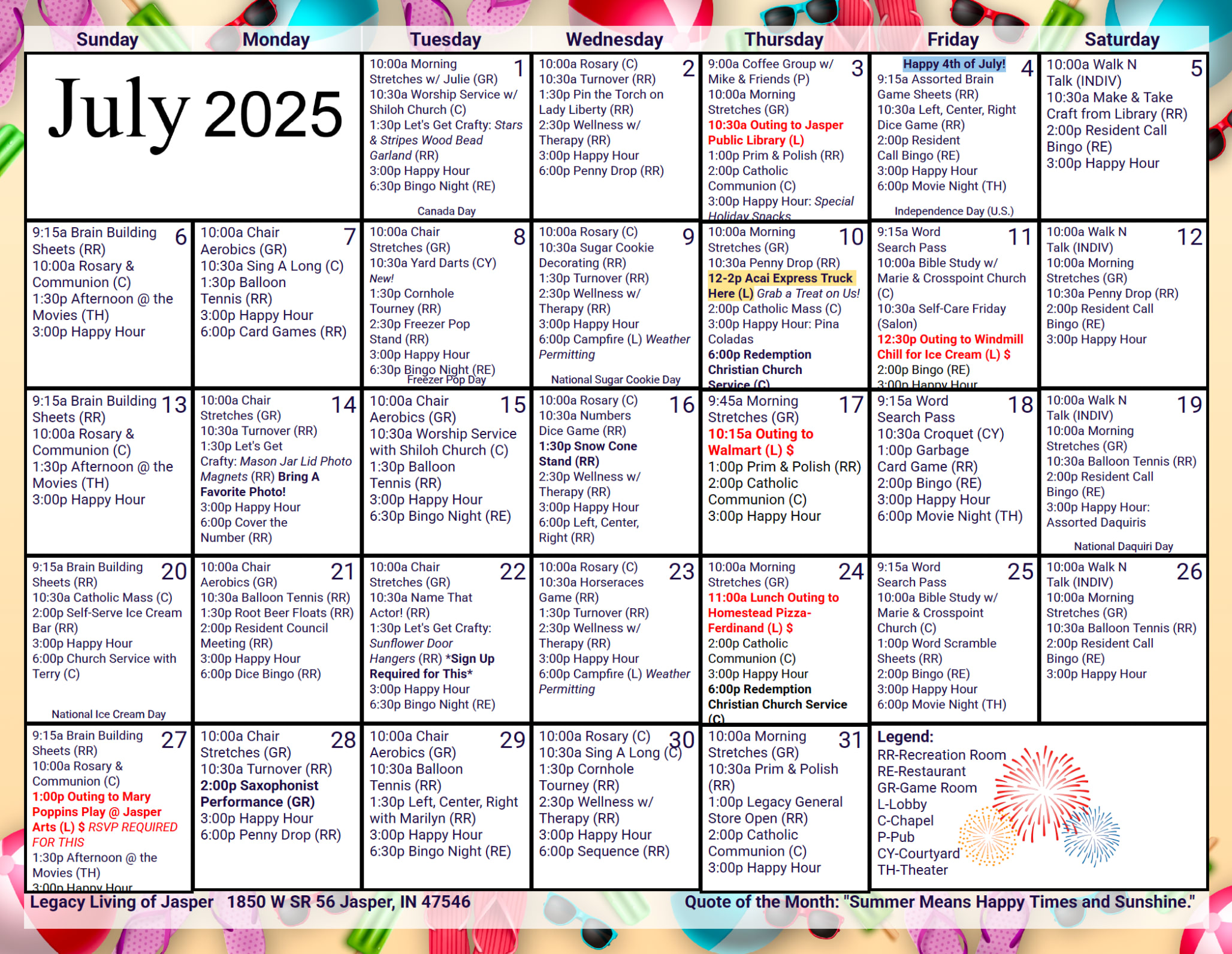 July Calendar at Legacy Living Jasper in Jasper, Indiana